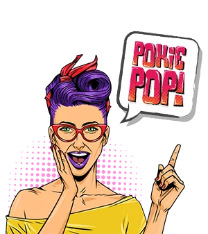 pop art girl shows her finger at the Pokie pop logo